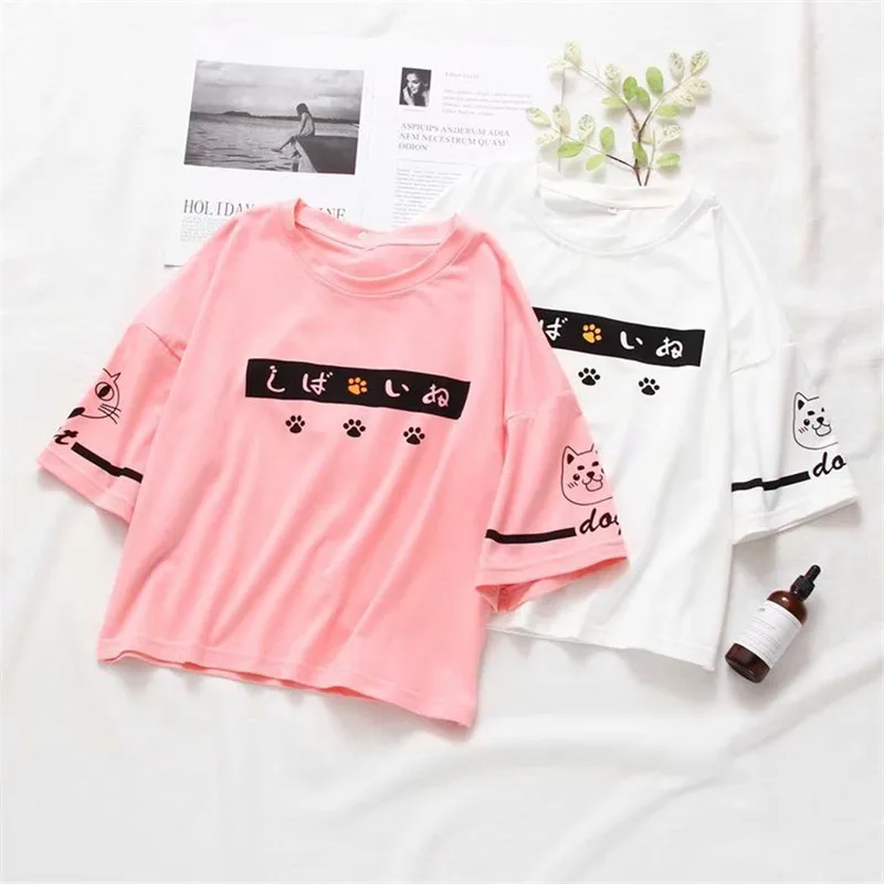 

2019 summer new round neck cute cat female models simple printed short-sleeved head T-shirt