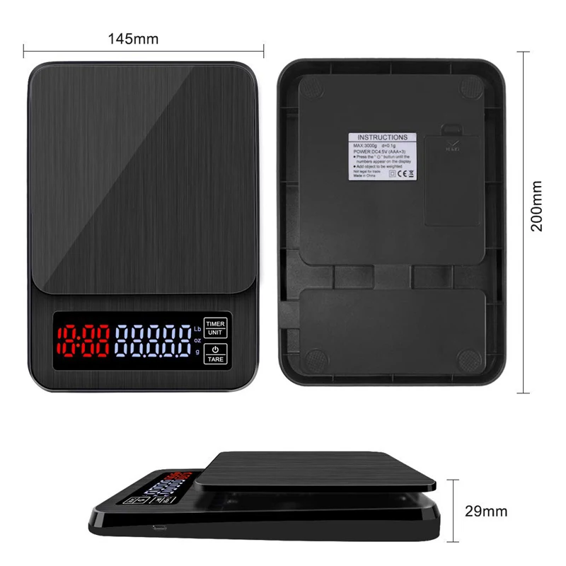 Прецизионные электронные Кухня весы кг/3 кг/0,1 г принимает массу весом до 5 кг/0,1g ЖК-дисплей Цифровой капельного Кофе USB весы с таймером Вес баланс бытовые весы