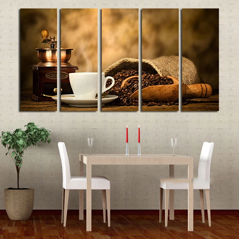5 панель произведение современного искусства печати Caffe кофемолка чашки кофе напиток настенная живопись старый раз декор для комнат и офисов интерьер без рамки