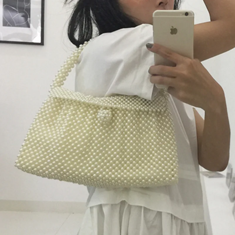 

Summer Custom Female Bag ABS Pearl Evening Bag Handbag Female Bag Handmade Beaded Gentle Milk White Bag Large Capacity Handbag