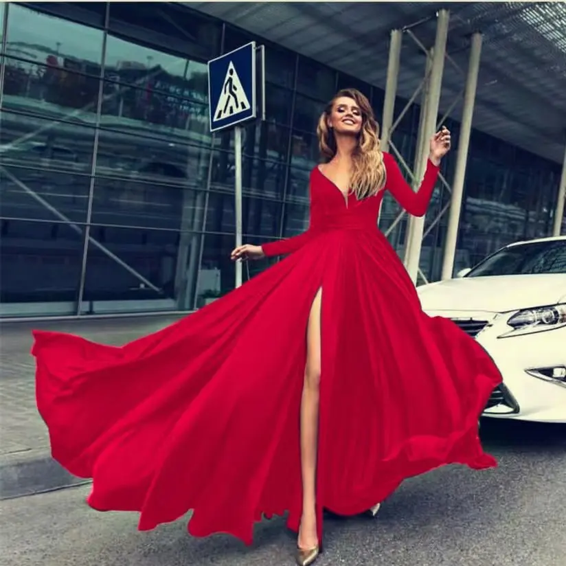 New Solid Color High Split Big Swing Dress Sexy Deep V Long Sleeve | Женская одежда