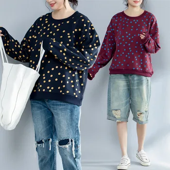 

BIG SIZE Spring Autumn Women Fashion Elegant Dots Tops Ladies Female Plus Large Long Sleeve Knitted Cotton Casual T Shirt Blusas