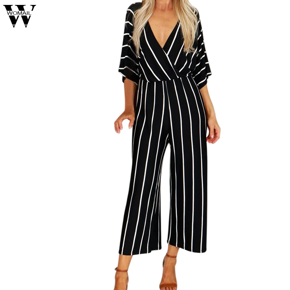 Womail ارتداءها المرأة الصيف أزياء الخامس الرقبة كم الربع الثالث مخطط فضفاض بذلة Playsuit عارضة جديد دروبشيب M7 Womail ارتداءها المرأة الصيف أزياء الخامس الرقبة كم الربع الثالث مخطط فضفاض بذلة Playsuit عارضة جديد دروبشيب M7