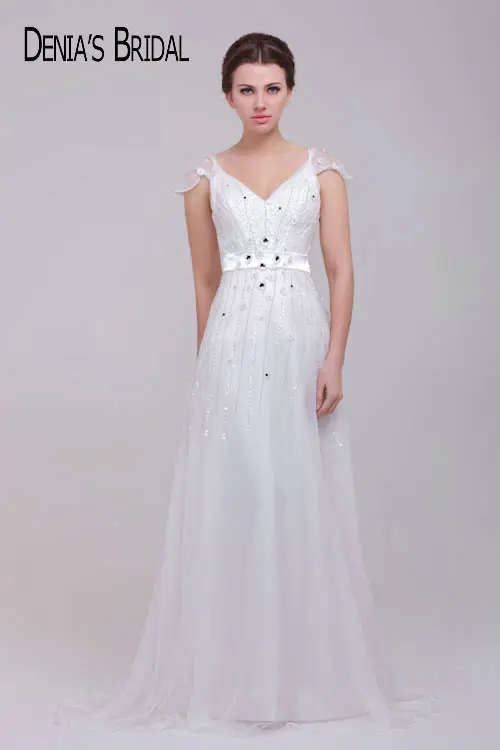 Crazy Deal Real Photos Cap Sleeves V Neck Beaded A Line Wedding