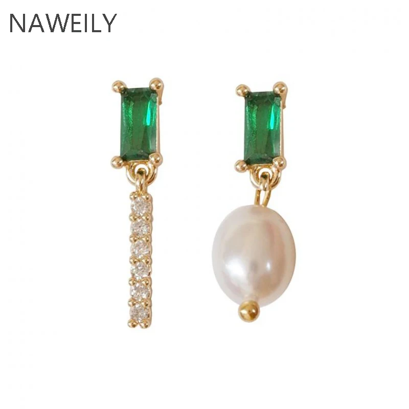 

Elegant Natural Pearl Green Crystal Stud Earring Chic AB Style Design S925 Silver Needle Asymmetric Earrings For Women