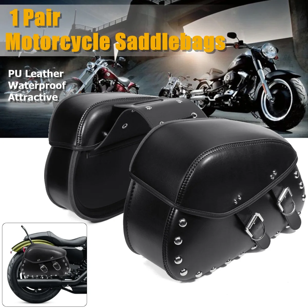

2pcs Black Universal Motorcycle PU Leather Left Right Side Saddlebag Luggage Saddle Bag for Harley