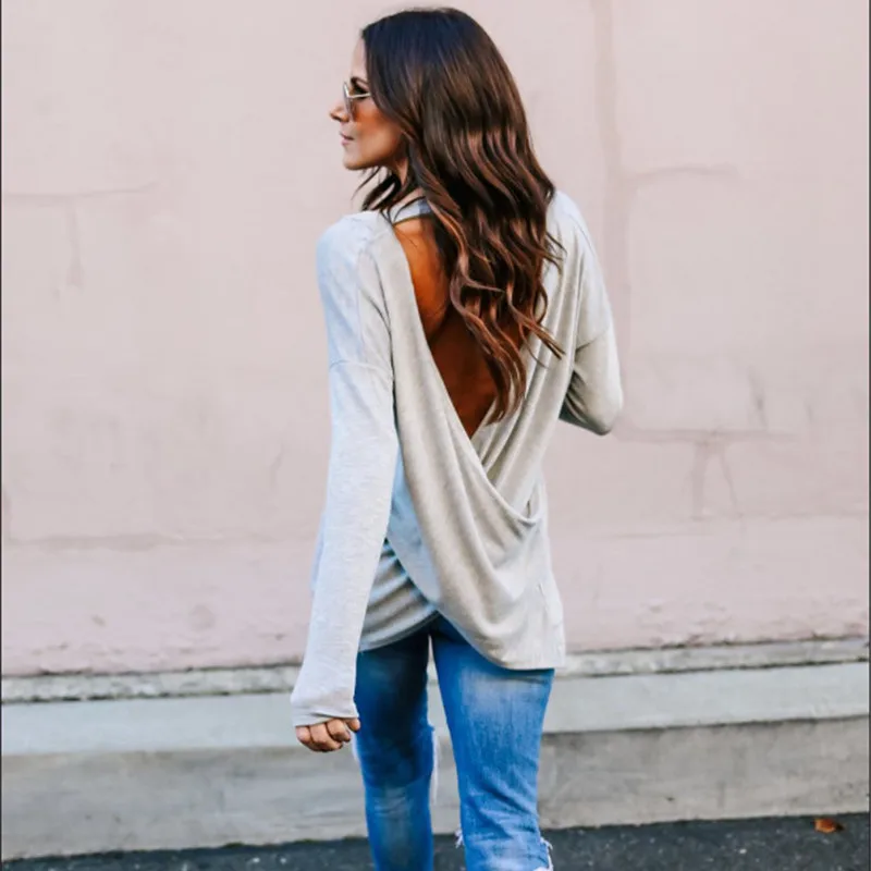 Plus Size 2018 Women Autumn Casual Backless Sexy T-shirt Streetwear Clothes Tees Top Hollow Out Plus Size 2018 Women Autumn Casual Backless Sexy T-shirt Streetwear Clothes Tees Top Hollow Out