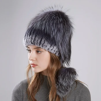 

LTGFUR 2018 Winter Fashion New Women's Hats With Real Fox Fur Hat Pom Poms Winter Hats Warm Knitted Cotton Beanies Female Cap