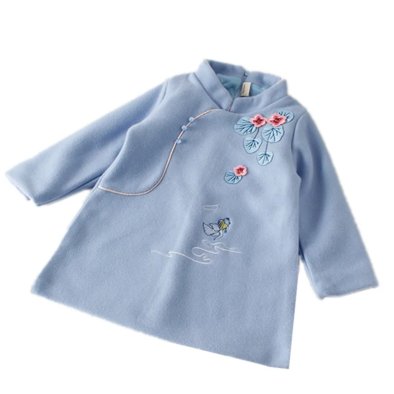 

Girls blue dress autumn chinese national clothes new year service children's woolen coat princess flower jacket outwear 18M03