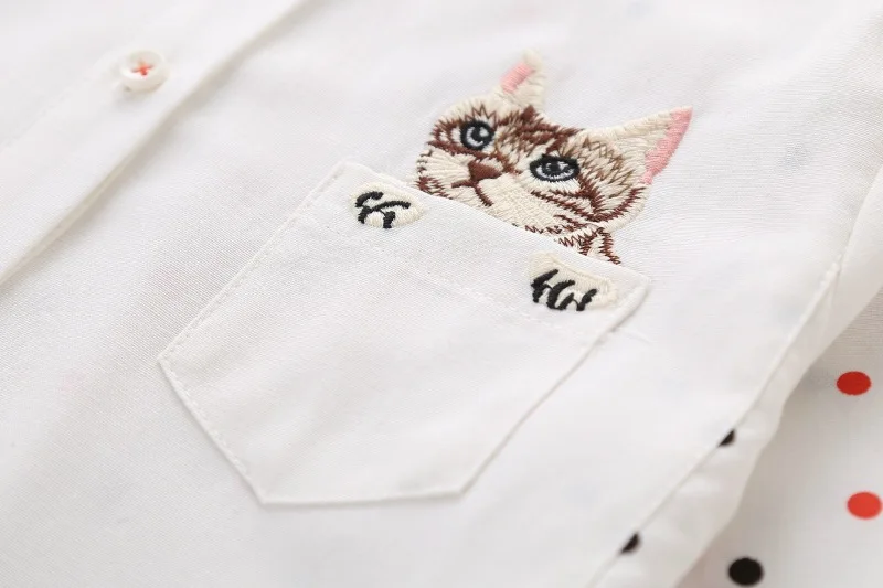 Женская блузка, рубашка в горошек, Harajuku, кошка, вышивка, японский воротник с лацканами, рубашки с длинным рукавом, Mori Girl, повседневные топы с рисунками