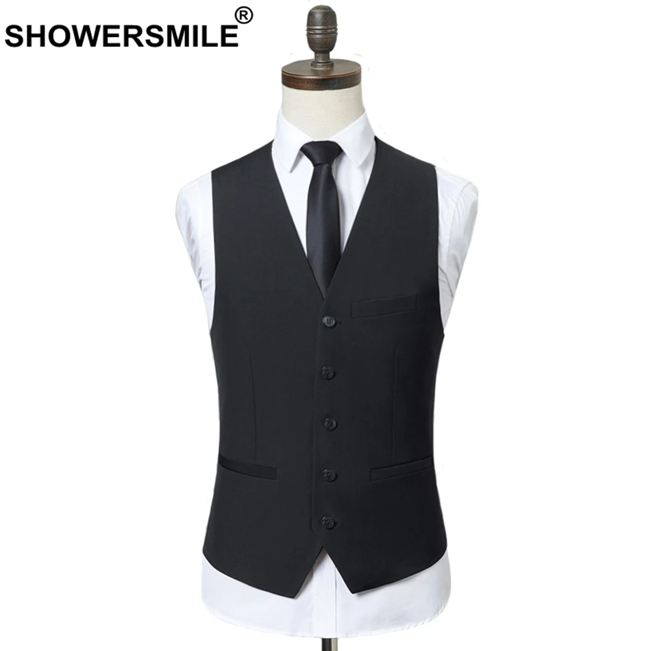 

SHOWERSMILE Men Vests Black Business Waistcoats Male Formal Wedding Sleeveless Jacket Pockets Spring Man'S 4xl Suit Vest Gilet