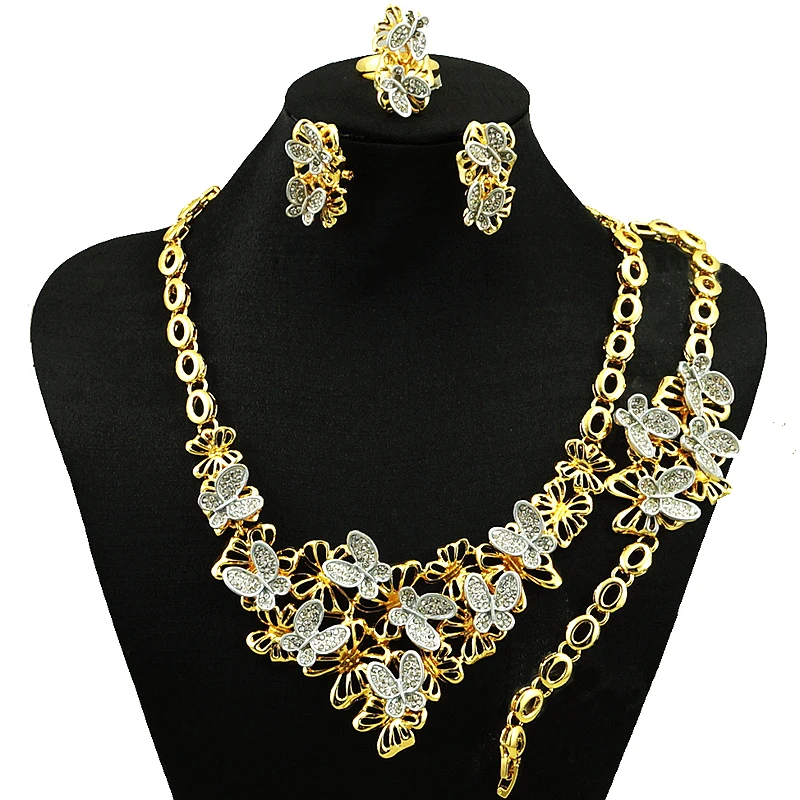 Комплект из колье и серёг золотистого цвета с кристаллами|new jewelry sets|fashion necklace