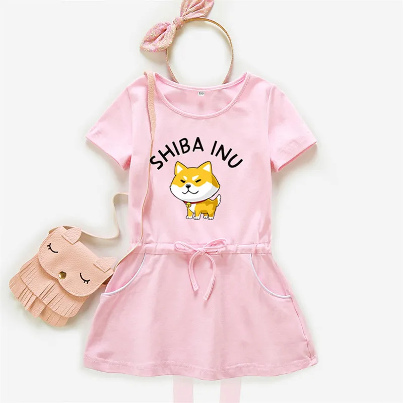 

Shiba Inu & Husky girls cute dress summer short sleeve kids clothing pink cotton girl dresses fashion puppy dress costume