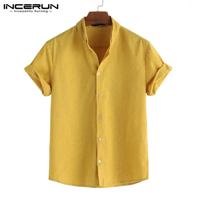 Yellow INCERUN Мужская рубашка однотонная летняя модная Свободная рубашка с короткими рукавами и лацканами в полоску дышащая маленькая свежая мягкая Camisa Masculina - Цвет: Yellow