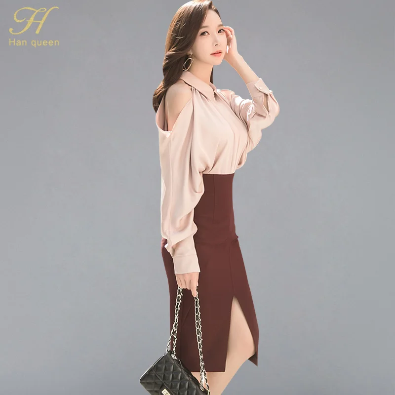 

H Han Queen 2018 Autumn Winter New Arrive Korean 2 Pieces Set Cold Shoulder Shirt Top + Sexy Split Bodycon Pencil Skirt OL Suits