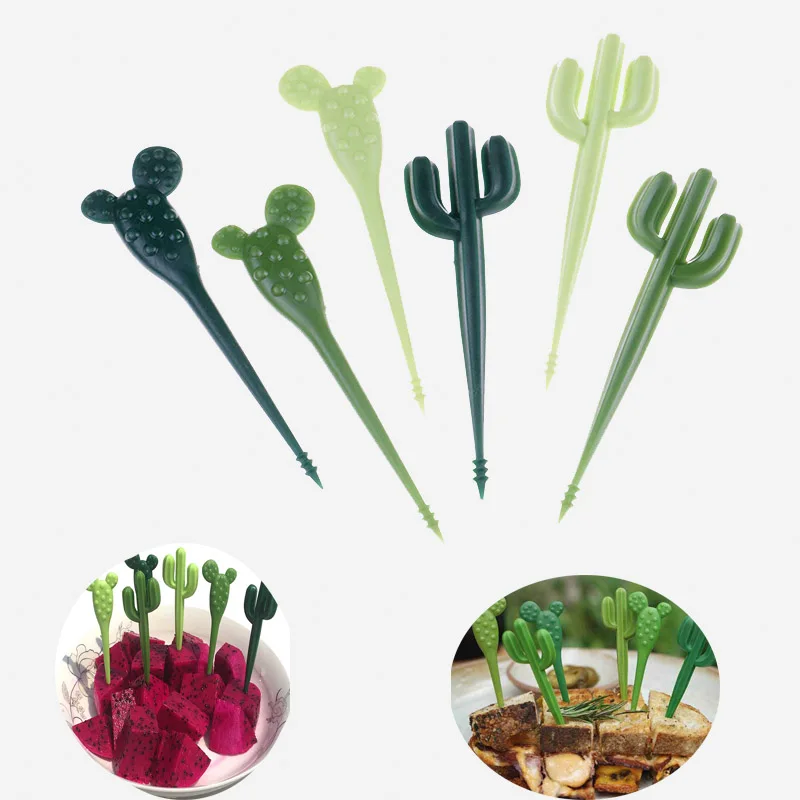 6pcs/pack Green Cactus Fruit Forks Plastic Toothpick Kids Tableware