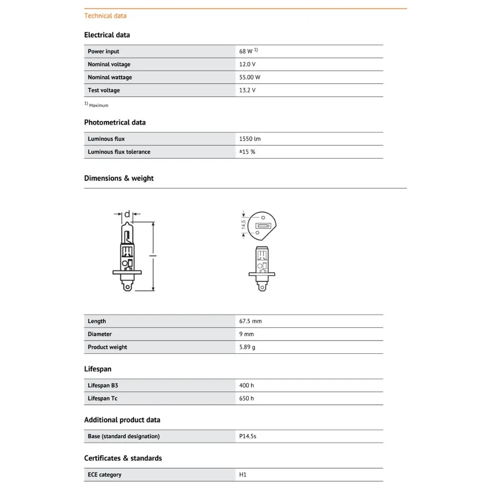 OSRAM H1 12V 55W 64150 P14.5s Германия 3200K стандартная оригинальная линия Авто фара