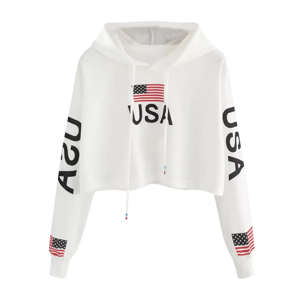 

KANCOOLD Autumn Womens Hoodies USA Casual Drop Shoulder American Flag Print Long Sleeve Hoodie Sweatshirt Crop Top Jumper PJ0905
