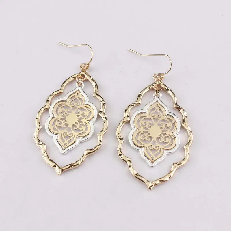 Worn Gold and Silver Color Metal Morocco Dangle Drop Earrings for Women Cut Out Filigree Magnolia Teardrop Statement | Украшения и