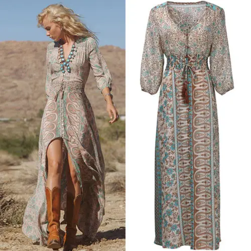 Женское шифоновое платье с разрезом V образным вырезом и рукавом 3/4|maxi dress|boho dressbeach