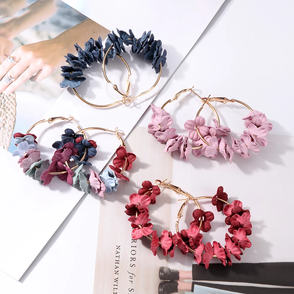 

2019 Elegant Fabric Flower Hoop Earrings Sweety Colourful Petal Alloy Ear Circle Big Earrings Charm Brinco For Women
