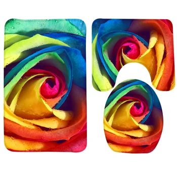 

3pcs Bathroom Rug Set Rainbow Rose With Raindrop Flower Floral Pattern Bath Mat Non Slip Soft Foam Bathroom Mat