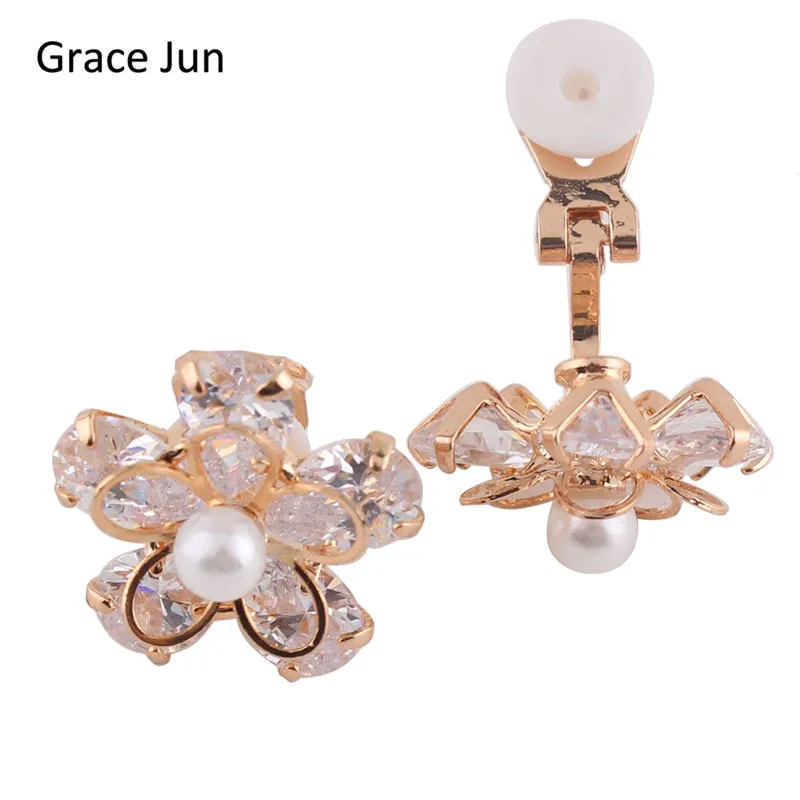 

Grace Jun(TM) New Bridal Earrings Copper Material AAA CZ Clip on Earrings Without Piercing for Wedding Fashion Pearl Earrings