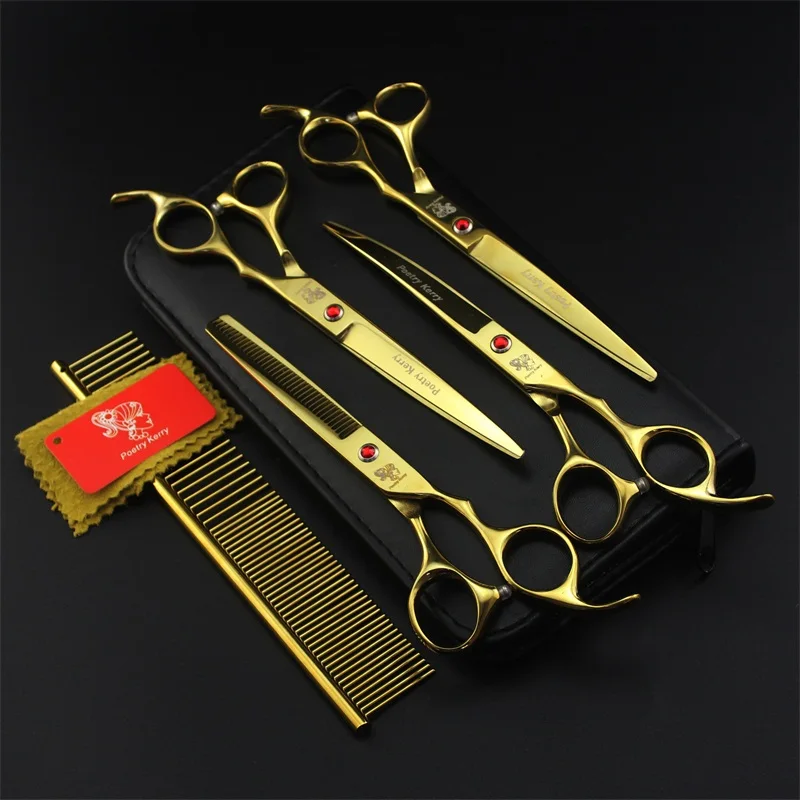 Профессиональные 7,0 дюймовые ножницы для домашних животных, наборы для ухода за собаками, ножницы для стрижки собак, прямые, истонченные и изогнутые ножницы - Цвет: golden PK-705