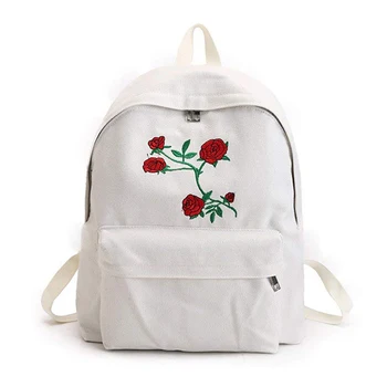 

Canvas Backpack Girl's Satchel School Bags Rose Embroidery Design on Women's shoulder Bags