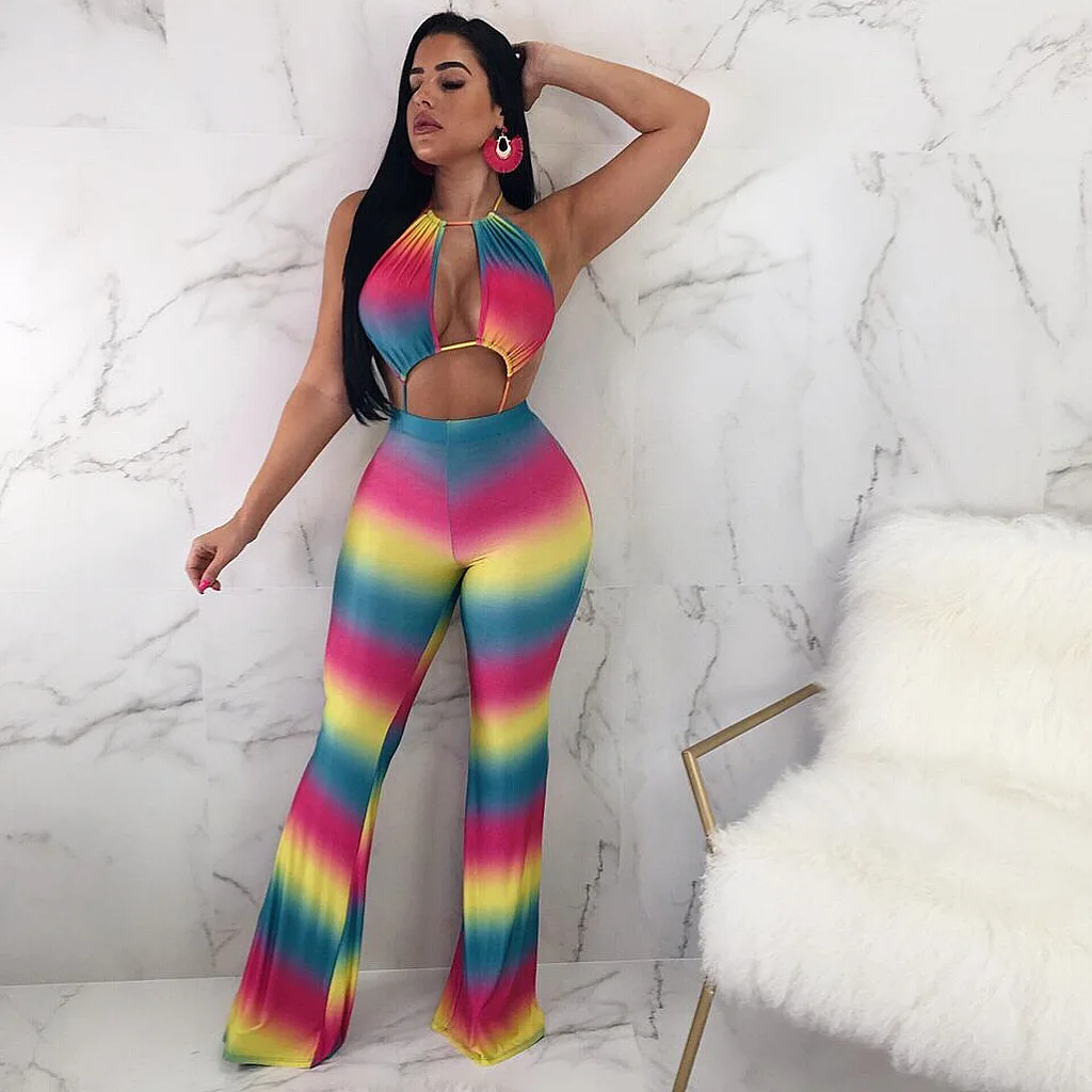 

Tie Dye Jumpsuit Halter Bandage Rompers Womens Jumpsuit Combishort Femme Sexy Bandage Hollow Mono Mujer Largo Elegante 2019