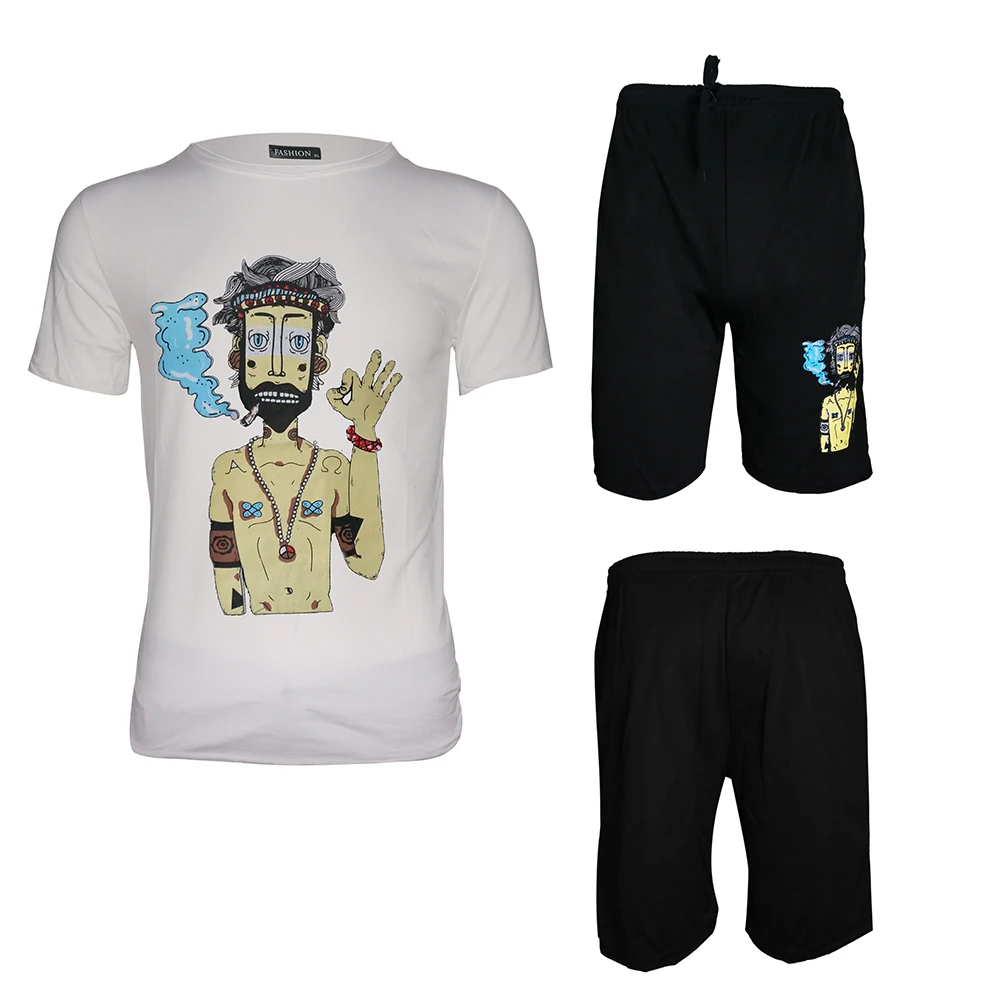 

2019 Summer Men's Leisure O Neck Short Sleeve T-shirt Shorts Set Cartoon Print Cotton Black White Tee Shorts Set Fashion Man D40