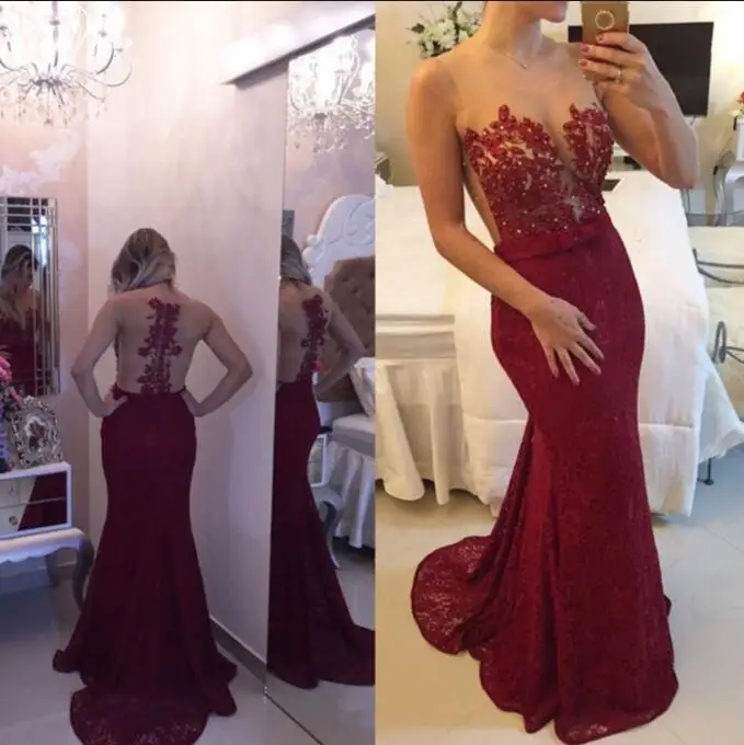 1201-G615 Wine Red Long Mermaid Prom Dresses 2018 vestido de festa O Neck Peals Sheer Design Appliques Evening Dresses Bow For Party