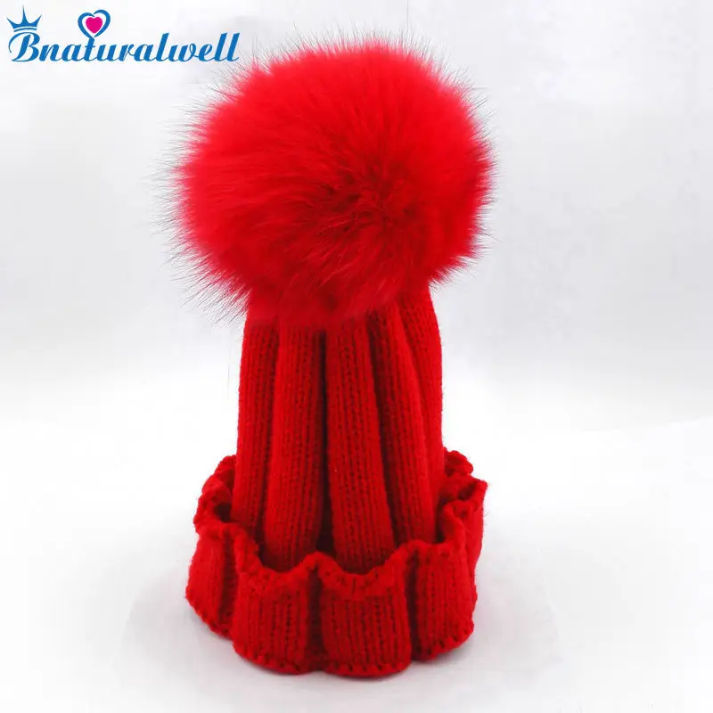 

Bnaturalwell Kids Real Fox FUR Pom Pom Hat Child Winter Knit Beanies Warm Hat Genuine Fox Fur Pompom Genuine Fur Knit Cap H046