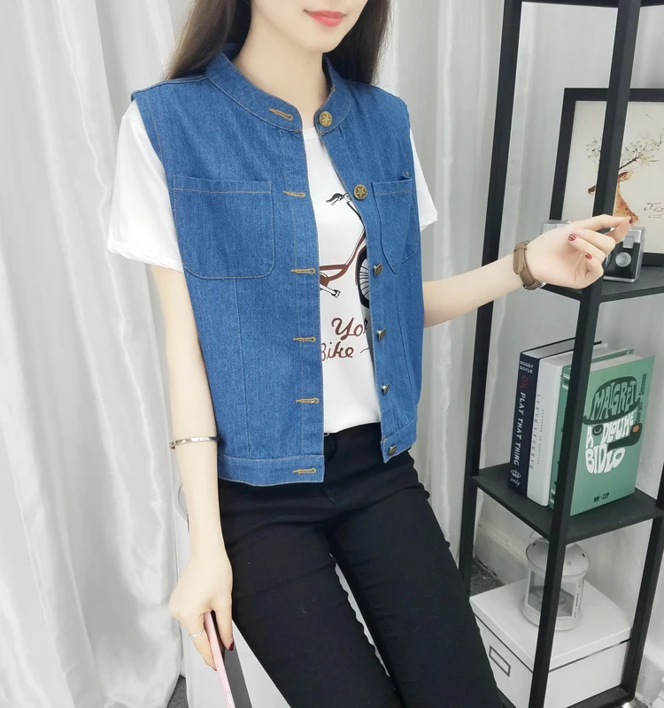 Large Size Bust 5XL Women's Jeans Vest Summer Thin Pure Blue Pocket Jacket Cardigan Sleeveless Female O-Neck Button Waistcoat