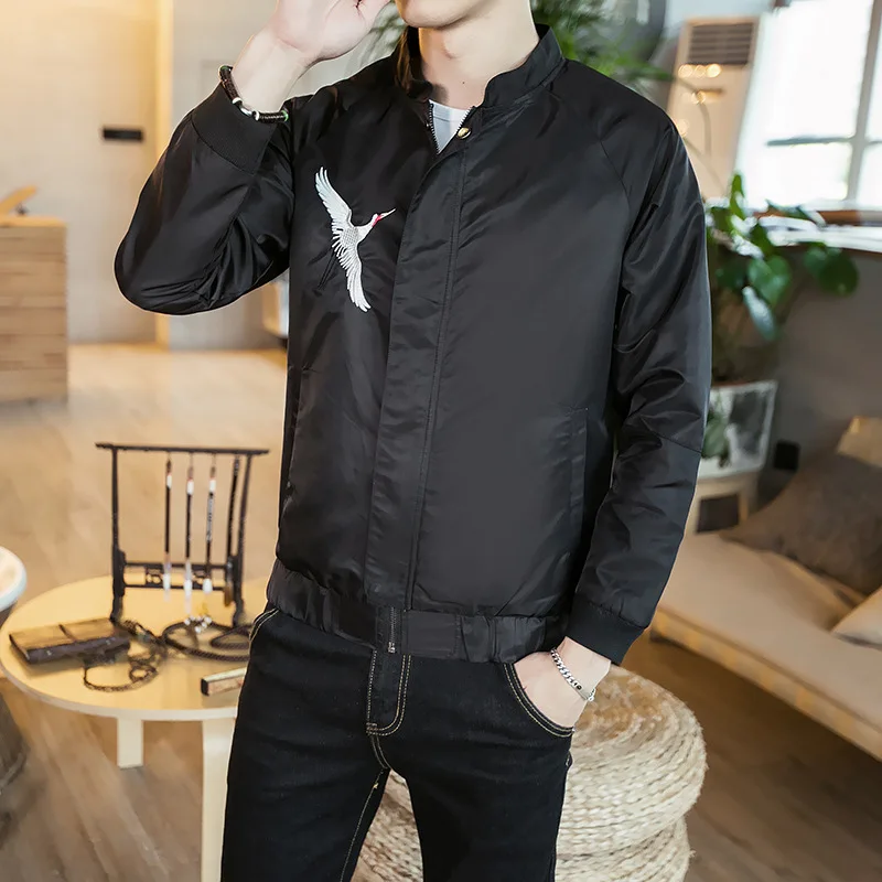 JK062 ASIAN SIZE 1 С китайский журавль вышивка Осень стиль Повседневный бомбер мужская Fung Fu Tai Chi тонкая куртка - Цвет: JK062 ASIAN SIZE 1