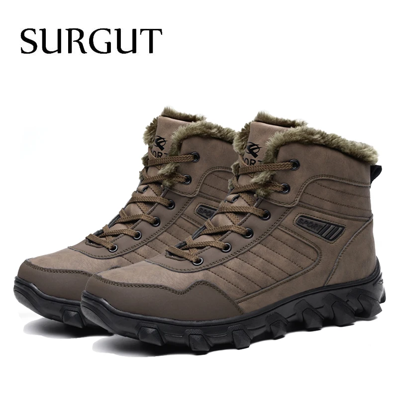 Best SURGUT Brand Autumn Winter Warm Fur Men Comfortable Working Shoes High Top Snow Boots Genuine Leather Sneakers Big Size 39~48