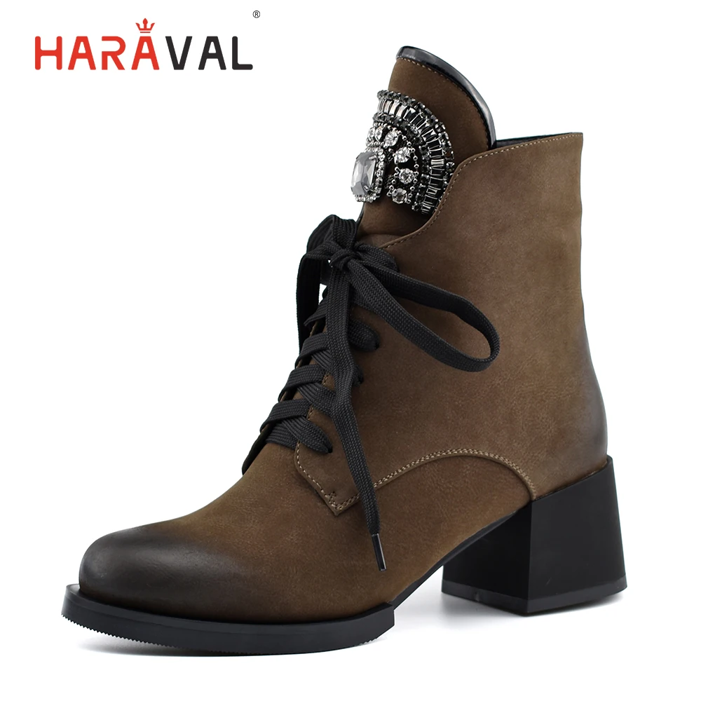 HARAVAL New Winter Ankle Boots Women Luxury Round Toe Thick High Heel Lace Up Warm Fur Shoes Diamond Soft Black Lady Boots B198