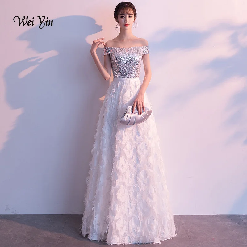 

weiyin Elegant Off the Shoulder A-Line Sequined White Lace Evening Dress Long Prom Dresses Robe De Soiree Party Dress WY1096