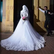Long Sleeve Muslim hijab Wedding Dress With Appliques Elegant Arabic Bridal Gowns Lace Up Vestidos De Noiva De Renda