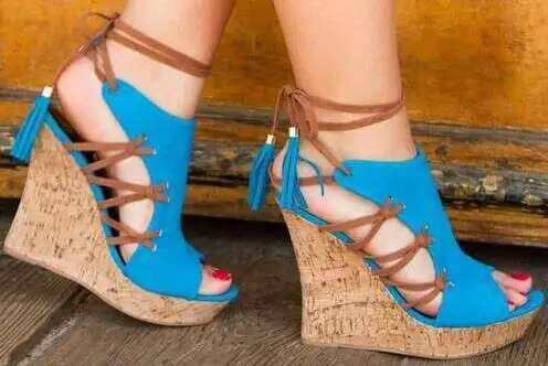 

New Summer Girls Blue or Orange Wedge Cuts Out Lace Up Back Peep Toe Comfortable Platform Plus Size Sandals Shoes Woman Size 43