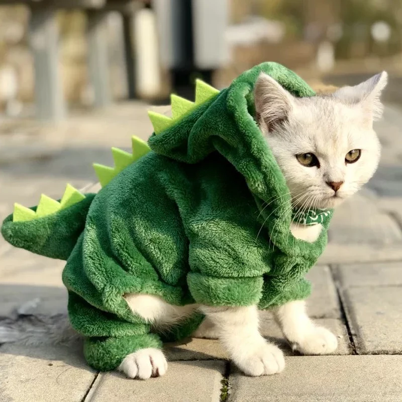 Pet Cat Clothes Funny Dinosaur Costumes Coat Winter Warm Fleece Cat Clothing For Small Cats Kitten