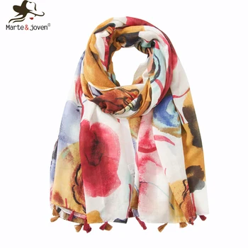 

Marte&Joven Colorful Art Floral Print Tie-dye Scarves for Women Large Size Beautiful Spring Autumn Shawls Pashmina with Tassels