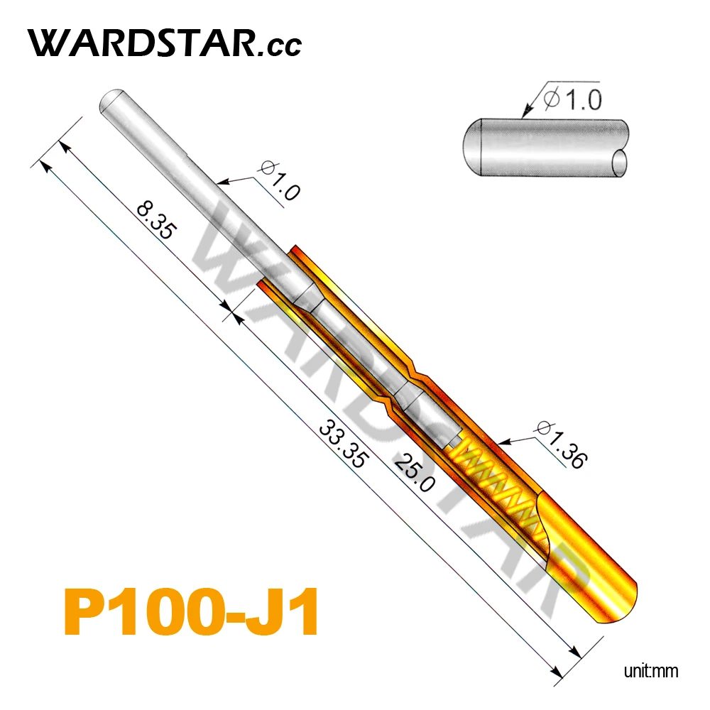 

100pcs/lot P100-J1 Dia 1.0mm Spring Test Probes Pogo Pin Length 33.35mm (Stroke Spring Froce:180g) Wholesale