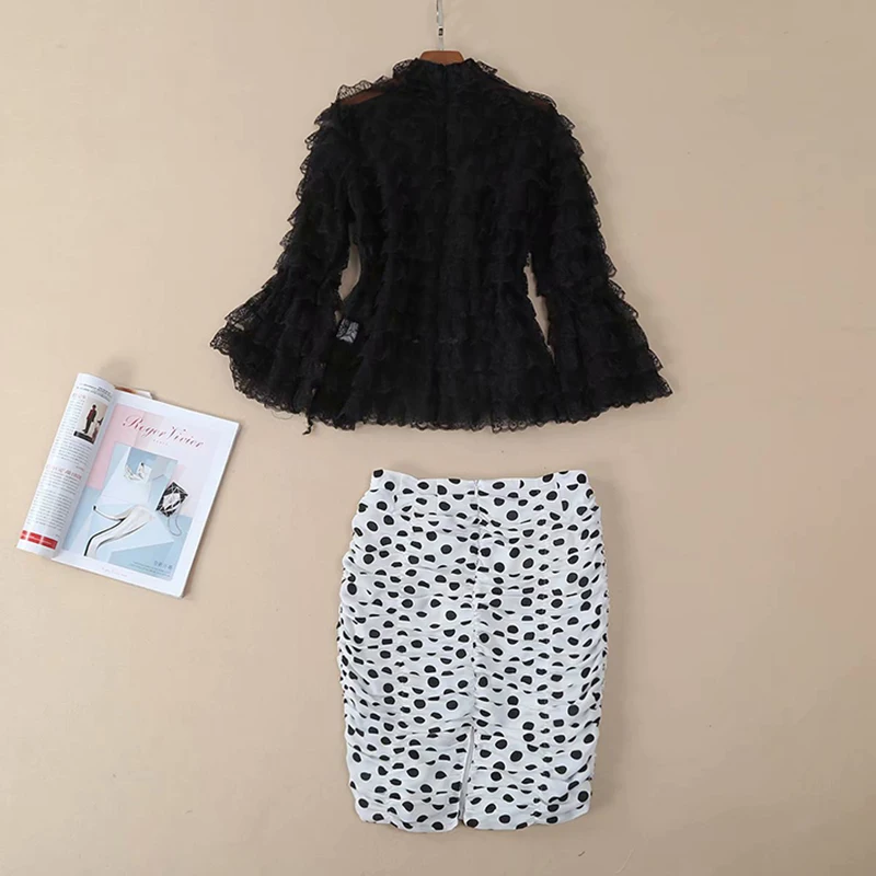 Nouveau Fois Dentelle Volants Designer Set Femmes Piste Blouse 2019 Ensemble Costume De Jupe Mode Imprimer Dot À rv6Bzqw1r
