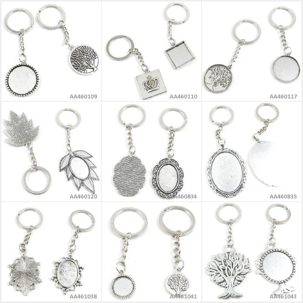 

Antique Silver Tone Keychain Keyring Keytag Life String Tree Oak Cabochon Blank Base Oval Setting Frame Round Key Chain Tag