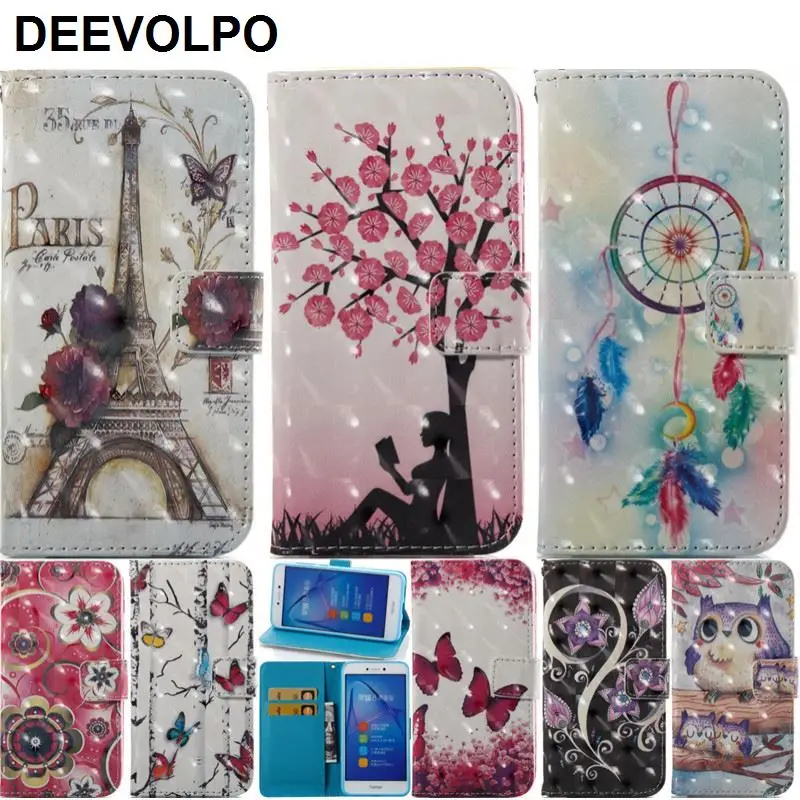 

DEEVOLPO Case For Huawei P10 Lite P9Lite P8 Lite 2017 Honor 6C Bling Luxury Flip Leather Cover Tower Chimes Owl Tree Bag DP03H