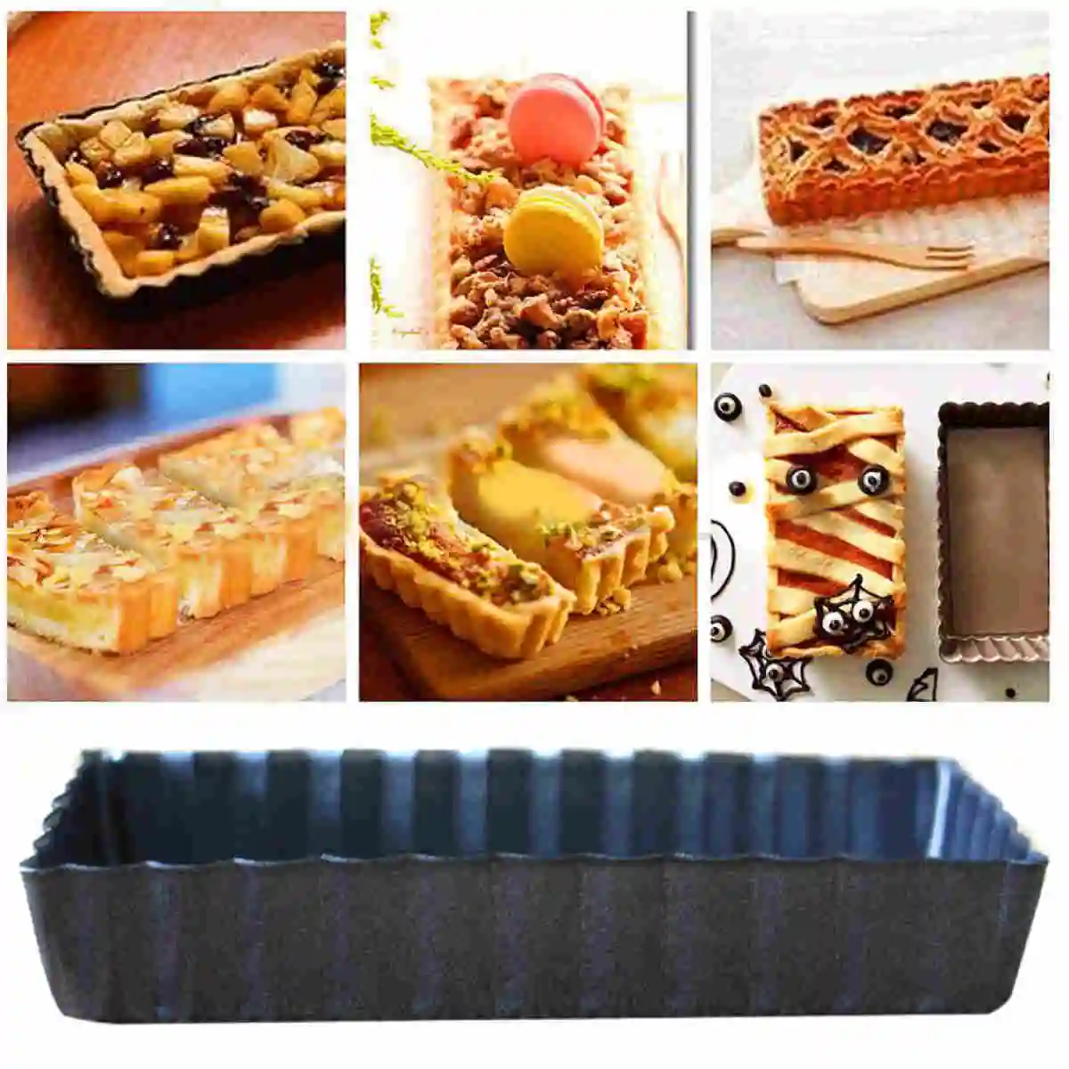 Black Rectangle Fluted Pie Tart Pan Mold Baking Nonstick Removable Bottom Quiche Tool 111mm*60mm