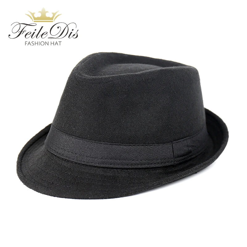 

[FEILEDIS]Men's Black Top Hat Leather Wool hat Wide Brim Jazz Church Cap Vintage Panama Sun Top Hat GDL-88