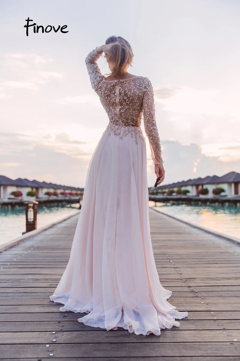 Finove Prom Dresses Long 2020 Long Sleeve Crystals Beading By Hand Sexy See-through A-Line Bridesmaid Dresses Robe de Soiree