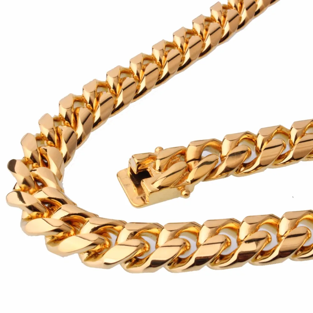 

15mm Gold Color Stainless Steel Miami Curb Cuban Link Chain Necklace Or Bracelet Casting Buckle Men's Fashion Jewelry 8-40inches